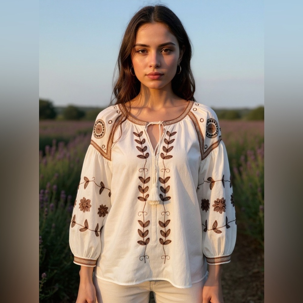 Anthropologie RD & Koko Embroidered Jacket Cream Brown Small